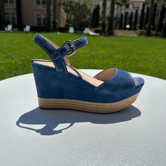 PRADA 3XZ170 Blue Suede Peep Toe Platform Wedge Espadrille Heel Sandals-39.5/9.5 - Picture 1 of 7
